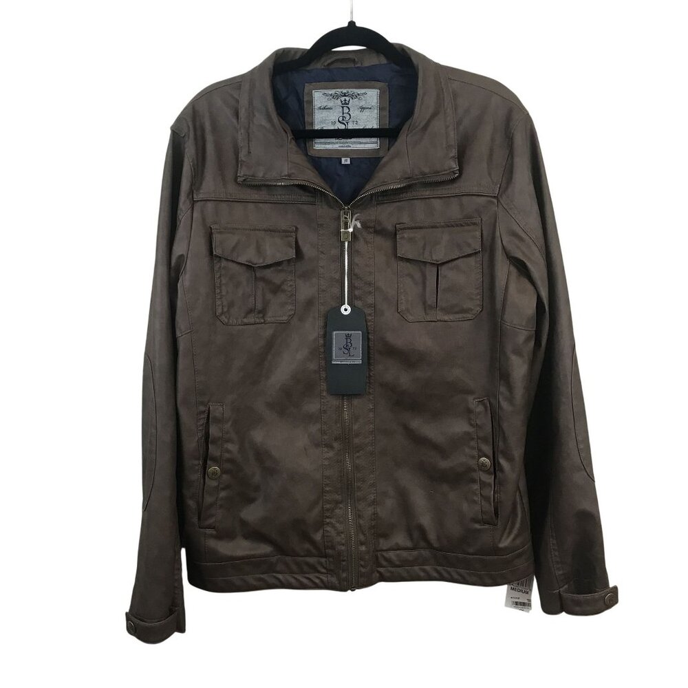 Brave Soul Mens Faux Leather Jacket Pockets  Full Zip Medium Brown Moto